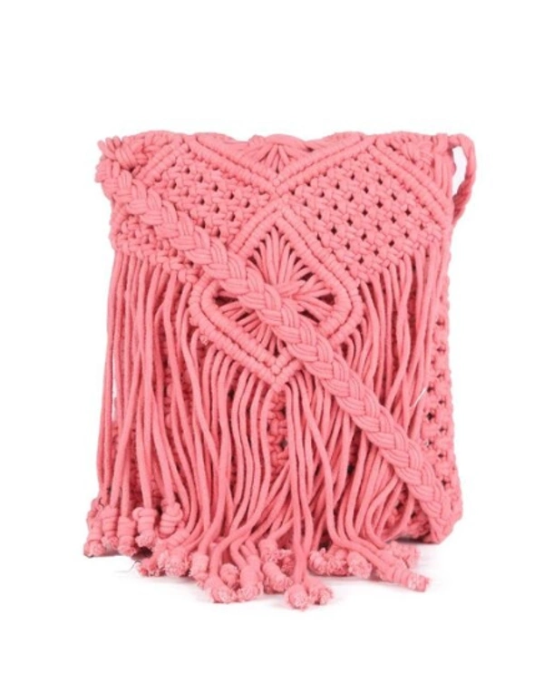 ASTRID Pink  Macrame Sling Bag With Flapover Fringes  -  Free Size, Pink, Macrame, Pack of1